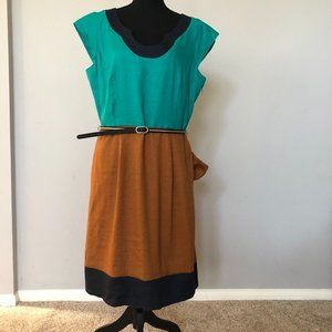 Lands End linen blend dress green brown blue 14